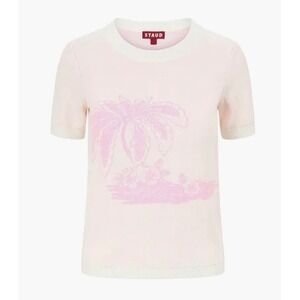 STAUD Reyna Palm Tree Intarsia Wool Blend Short Sleeve Sweater Pink Cream XS